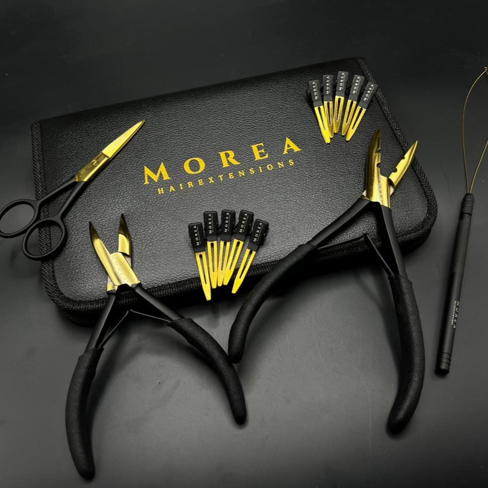 Schwarzes Zubehör-Set für Wefts mit Edelstahl-Werkzeugen, Tasche mit Logo